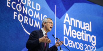 NATO secretary general Jens Stoltenberg addresses the assembly during the World Economic Forum (WEF) annual meeting in Davos on May 24, 2022. (Photo by Fabrice COFFRINI / AFP) (Photo by FABRICE COFFRINI/AFP via Getty Images)