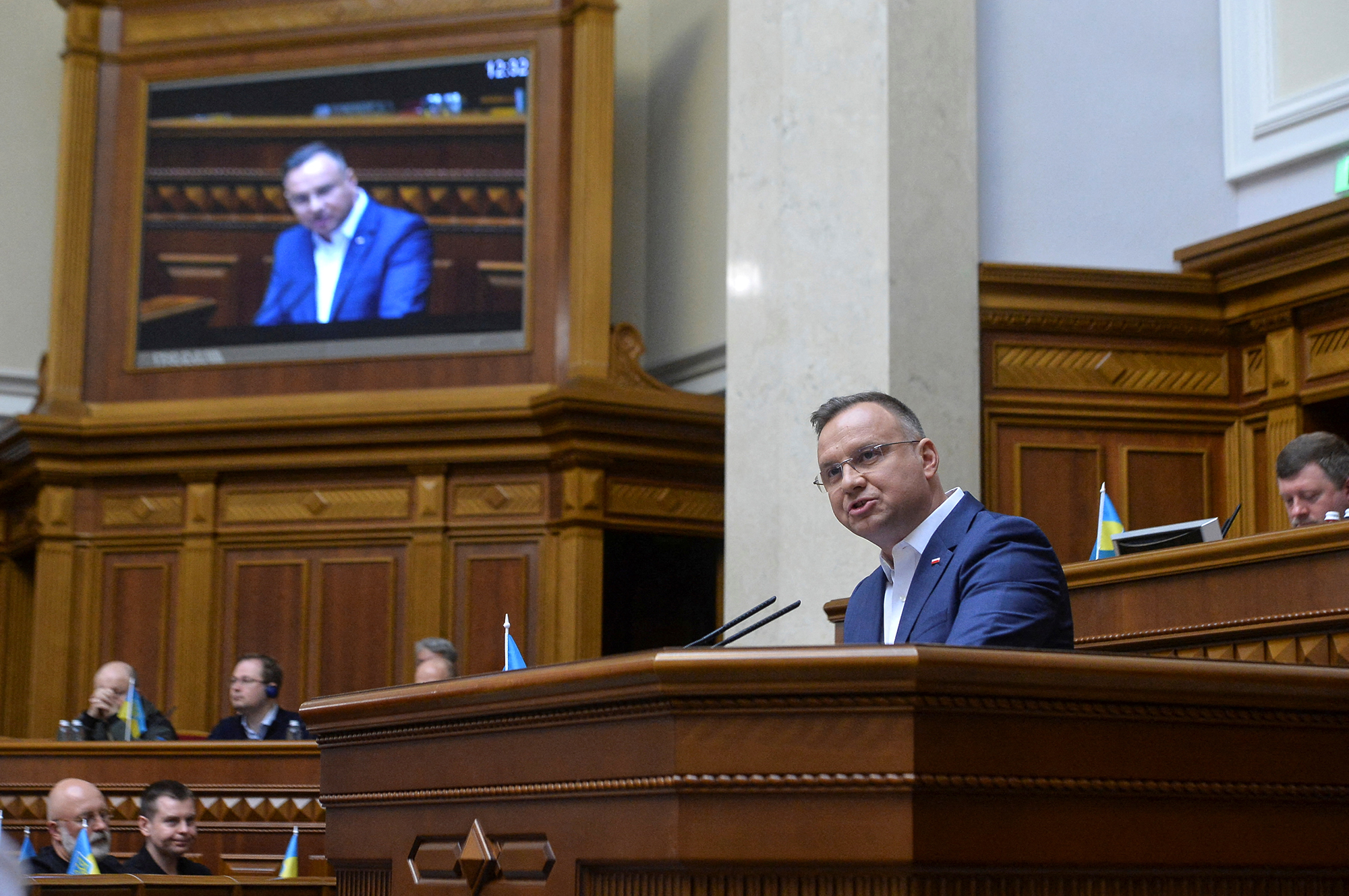 Polish President Andrzej Duda addresses lawmakers during a Ukrainian parliament session in Kyiv on May 22. (Stringer/Reuters)