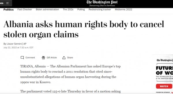 Washington Post: Shqipëria i kërkon KiE-së të rrëzojë pretendimet për trafik organesh në Kosovë
