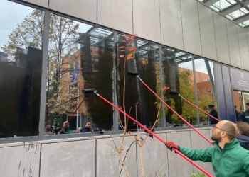 PSD-ja ngjyrosë dritaret e ndërtesës së Qeverisë me ngjyrë të zezë