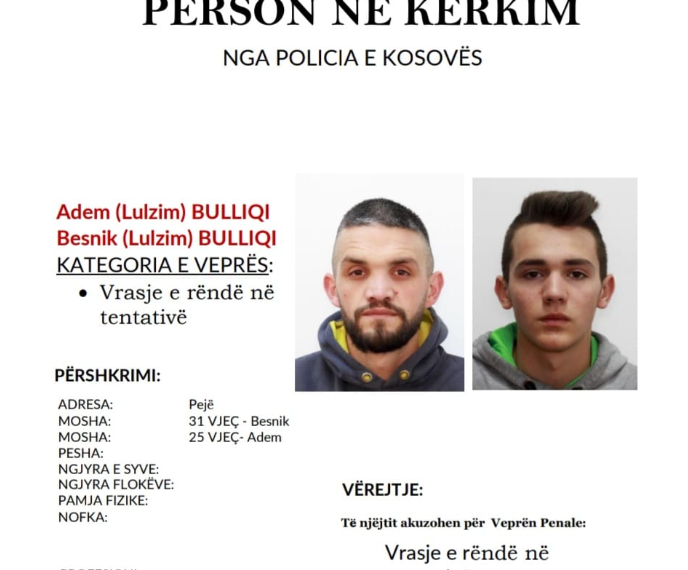 Policia kërkon ndihmën e qytetarëve për kapjen e dy personave për vrasjen e rëndë në tentativë në Pejë